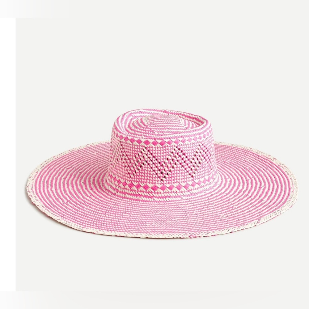 J.Crew Woven Hat with Extra- Wide Brim- NWT- Ivory/ Fuchsia- Size M-L